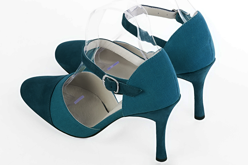 Peacock blue women's open side shoes, with an instep strap. Round toe. Very high slim heel. Rear view - Florence KOOIJMAN